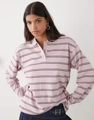 モンキ レディース トップス Tシャツ ポロシャツ Monki long sleeve oversized rugby polo in light pink and brown stripe pinkのサムネイル