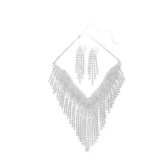 【新品】 [ＫＫ　Ｓｏｌｉｓ] ロングフリンジラインストーン ネックレス＆ピアスセット軽量 高見え エレガント キラキラ 社交ダンス 演奏会 舞台 発表会（シルバー・ピアスセット） 1