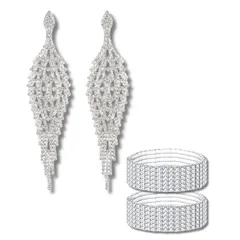 【新品】 コンテスト アクセサリー イヤリング ブレスレット 3点セット クリスタル シルバー 大ぶり 揺れる ピアス (イヤリングset)