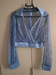 レース シースルー ブルー クロップド ブラウス