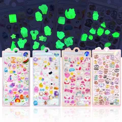 SUOKOMR シール かわいい エアーしーる ぷっくり 3D 夜光 立体 大量 4枚入り 8枚入り 6枚入り ごほうびシール デコ 室内装飾 プレゼント 携帯電話飾り用手帳用 DIY用 日記帳用 貼り付け可能 手芸用品 贈り物 (4)