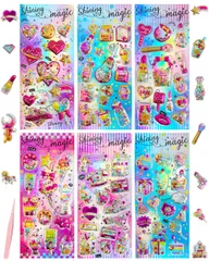 GOKEI キラキラシール【6枚】グリッター シャカシャカ 立体ステッカー カプセル ごほうび 光沢感 かわいい 手帳 手紙 封筒 ノート 落書き帳 アルバム カレンダー デコレーション ラッピング プレゼント 景品 オシャレ 全6種 6枚セット-スタイルB