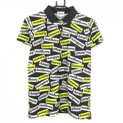 【超美品】ジャックバニー 半袖ポロシャツ 黒×白×イエロー ロゴ総柄 レディース 2(L) ゴルフウェア Jack Bunny