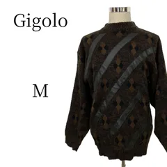 Gigolo ヴィンテージ 総柄 ニット セーター M 茶 黒 ダイヤ柄 フェイクレザー レザー切り替え 斜めライン クルーネック レトロ 80s 90s 古着男子 100%アクリル 韓国製 カジュアル 個性的 モード 希少 1点物