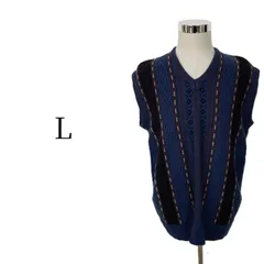 総柄 ニットベスト L 立体編み ニット Vネック レトロ 古着 90s 希少デザイン メンズ ストリート カジュアル 重ね着 春秋 オールド