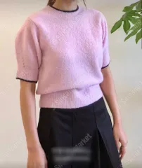 アイボリー or パープル or ブラック バイカラー ウール 半袖 ニット