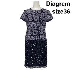 ◇ ダイアグラム Diagram フラワーチュール 切替ワンピース 膝丈 半袖 花柄 ラウンドネック 刺繍 ネイビー 36 S 7号 レディース S6C698