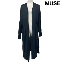 ◇ ミューズ MUSE Vネックロングカーディガン ハイゲージ 長袖 シアー ドロップショルダー サイドスリット 黒 綿 L 11号 レディース S6C715のサムネイル