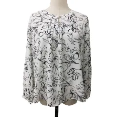 ドレスキップ DRESKIP シャツ ブラウス プルオーバー ラウンドネック 総柄 長袖 M 白 黒 ホワイト ブラック