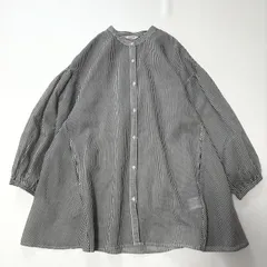 studio CLIP スタディオクリップ ストライプブラウス グレー ホワイト フリーサイズ バンドカラー バルーンスリーブ フレアシルエット シアー