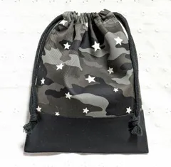 ハンドメイド、迷彩、星柄の給食袋、巾着袋、コップ入れ、黒
