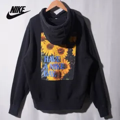 ナイキ NIKE パーカー XL ブラック アート 花柄 ロゴ刺繍 裏毛 パイル ユニセックス スウェット フーディー ストリート Y2K スポーツミックス 古着 E362