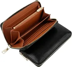 Around the Wardrobe 長財布 ウォレット 牛革 ラウンドファスナー 大容量 14ポケット ファスナー採用 ユニセックス メンズ レディース ブラック (ブラック,  19.5cm x 10cm)