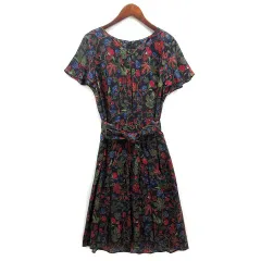 コムサデモード COMME CA DU MODE 花柄 ボタニカル ワンピース プリーツ フリルスリーブ ベルト 半袖 ネイビー 紺 9