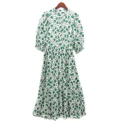 ザラ ZARA フラワープリント 花柄 ワンピース ロング 七分袖 グリーン XS 4786/070