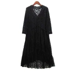 ザラ ベーシック ZARA BASIC 総レース Vネック ワンピース 七分袖 インナー付き ブラック 黒 XS