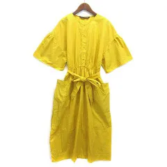 ザラウーマン ZARA WOMAN コットン ロング ワンピース 5分袖 ウエストリボン イエロー 黄 M