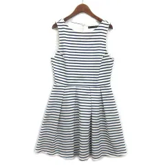 ザラ ベーシック ZARA BASIC マリン ボーダー ストレッチ フレア ワンピース ノースリーブ 膝丈 オフホワイト ネイビー M