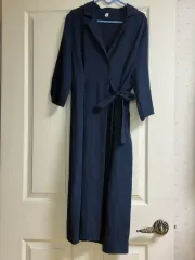 ネイビー シャツ型 ロング ONE PIECE