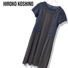 HIROKO KOSHINO シルク100% ビジュー装飾 ワンピース 38 チャコールグレー ダークブラウン 切替 膝丈 ロング 半袖 絹 コットン 異素材 メタルパーツ スパンコール 製品加工 ヒロココシノ Mサイズ 38 090TYのサムネイル