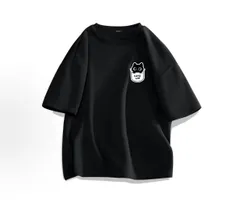 猫イラスト付きオーバーサイズTシャツ ブラック