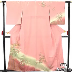 【週末限定セール｜20％OFF｜6/29 10時まで】付下げ 長襦袢 2点セット 袷 レディース 正絹 桃色 扇文 菊 松 伝統文様 華やか 身丈161.5cm 裄丈66.5cm 結婚式 パーティ 会食 舞台衣装 Mサイズ相当 送料無料 即日発送 
