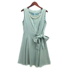 アサクラ ノースリーブ パーティ ドレス ワンピース ネックレス付き ビジュー リボン ミントグリーン 38 結婚式 二次会