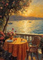 2556 海辺のバルコニーと美しい夕暮れ 印象派風 アートポスター 風景画 油絵タッチ サンセット カフェ 海 テーブル リゾート インテリア 壁掛け ウォールアート 模様替え 新築祝い 引越祝 おしゃれ 癒し 絵画 額