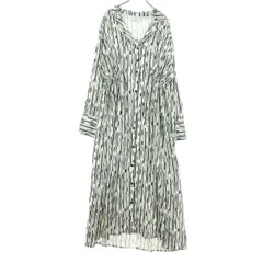 美品 JEANASiS ジーナシス ストライプ柄 長袖 Vネック ロングワンピース F ホワイト ブラック レディース 古着