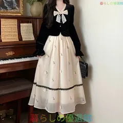 新品 フレンチガーリー 花柄ベルベットワンピース レディース ワンピース 秋冬 おすすめ 花柄 リボン M  L　ZH0330