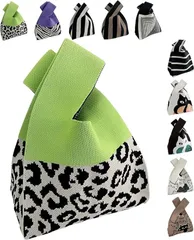 グリーンパキラ ニット トートバッグ レディース 小さめ ミニバッグ ニットバッグ 軽量 厚手 かわいい 手提げ サブバッグ ランチバッグ 散歩 近所使い おしゃれ 小さい ミニバック 春 夏 秋 冬 (A 黄緑xヒョウ柄,  ミニ)