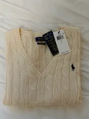 新品 ポロラルフローレン ケーブル ニット Vネック セーター クリーム L