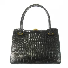 ノーブランド ハンドバッグ シャイニークロコレザー レザー 革 ワニ革 がま口 黒 ブラック /CK5 ■GY18