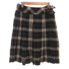 コムサイズム COMME CA ISM プリーツスカート ウール M 黒 ブラック ひざ丈 チェック柄 バックル付き /KR ■ECF001