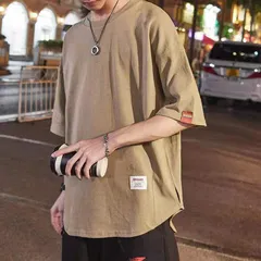 Tシャツ メンズ 半袖 綿麻風 ゆったり 夏 新作 ビッグシルエット オーバーサイズ トップス 体型カバー 涼しい 蒸れない カットソー 無地 カジュアル ワーク 部屋着 普段着 おしゃれ カッコイイ 通学 学生 qingtao03