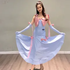 新品 社交ダンス ドレス モダンダンス衣装 レディース ワンピース バレエ風 公主風 リボン付き ロングドレス フレアスカート 練習着 レッスン着 発表会 デモ用 舞台衣装 コンテスト衣装 撮影用 フェミニン 可愛い 上品 ブルー ピンク