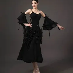 新品 社交ダンス ドレス モダンダンス衣装 レディース ワンピース ロングドレス フレアスカート メッシュ切替 美背デザイン フリル袖 シフォン袖 透け感 上品 エレガント 練習着 レッスン着 発表会 デモ用 舞台衣装 コンテスト 撮影用 ブラック