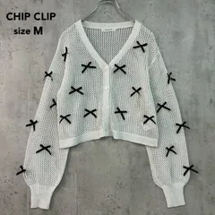 CHIP CLIP チップクリップ リボン メッシュ ニット カーディガン Vネック ショート丈 クロップド丈 トップス ボリューム袖 総柄 地雷系 量産型 ガーリー ラメ入り ホワイト 白 Mサイズ M2231 透け感 レイヤード 重ね着 ★ ■◇