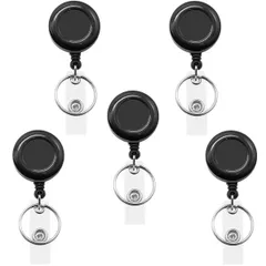 【新着商品】5個セット 黒 IDカードホルダー用 最長63cm 定期入れ・パスケース用 カラビナ・クリップ付き リコイルリング 伸びるストラップ リール リール リールホルダー 名札 伸びる キーホルダー 5個入 リールクリップ 吊り下げ名札用リール