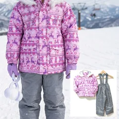 雪遊びに◎【CCL TEAM】シーシーエルチーム スノボ スキー スノーウェア 上下 セットアップ ピンク 桃色  総柄 鹿柄 トナカイ ノルディック柄 フード付き フェイクファー キッズ 女の子 サイズ110 /M43999jQ
