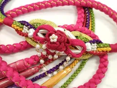 平和屋着物●和装小物　振袖用帯締め　飾り付き　つまみ細工　パール　ハート　花　ルビー色　金糸　切り房　逸品　未使用　CABC1053ju