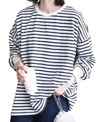 [Elixio] [エリクシオ] レディース ボーダー トップス カットソー ロンT ゆったり 大きいサイズ 長袖tシャツ 長袖 秋 カジュアル 大きめ おしゃれ 綿 コットン ワイドシルエット 定番 (L, ネイビー) [ネイビー] [L]