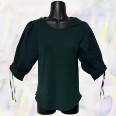 ノーブランド　Tシャツ　ダークグリーン　子供服　キッズ　女児　リボン　半袖　異素材ミックス　カットソー　シフォン　伸縮性有