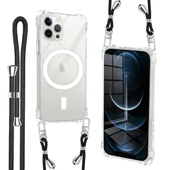 iPhone 12 Pro 用 ケース クリア magsafe対応 マグネット搭載 ショルダー ストラップ付 携帯カバー 耐衝撃 全面保護 アイフォン12 プロ 用 ソフトTPU 純透明 スマホケース 紐付き 肩がけ 首掛け 縄掛けケース 落下防止 紛失防 1