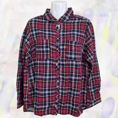 treinta uno　トレインタウノ　シャツ　レッド　レディース　LL　大きいサイズ　チェック　ポケット　長袖　カジュアル