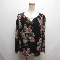 シーイン SHEIN 美品 シアー シフォン 花柄 ブラウス カットソー S 黒 ブラック 長袖 裏地付き