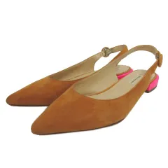 ファビオルスコーニ FABIO RUSCONI バックストラップパンプス ポインテッドトゥ フラットヒール スウェード イタリア製 ブラウン 茶 蛍光ピンク 37