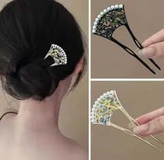 バチ形 パール付き 髪飾り　着物浴衣　簪かんざし　和装フォーマルヘアアクセ紅葉柄