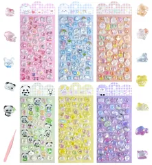 シール ぷっくり 立体 ラメ付き キラキラ 【6種 x 各1枚 約300個】 デコシール 3D ごほうび ステッカー 手帳デコ うるつや スマホケース スマホデコ DIY用 日記 かわいい 推し活デコ 女の子 子供 プレゼント 手芸 贈り物 Type E (6