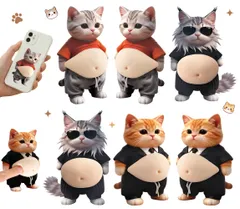 GOKEI ぷにぷに おなか シール 3D 立体 ステッカー お腹 柔らかい もちもち スクイーズ 猫 犬 柴犬 三毛猫 癒し ぽっちゃり ストレス解消 猫3組(6点セット)-F